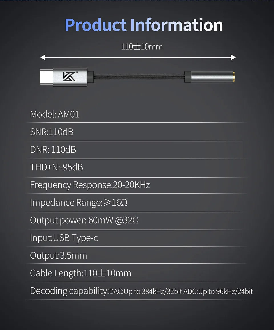 KZ AM01 Type-C audio adapter for 3.5 mm 32-bit/384 kHz Hi-Fi DAC + amplifier IC dual-chip headphone audio cable