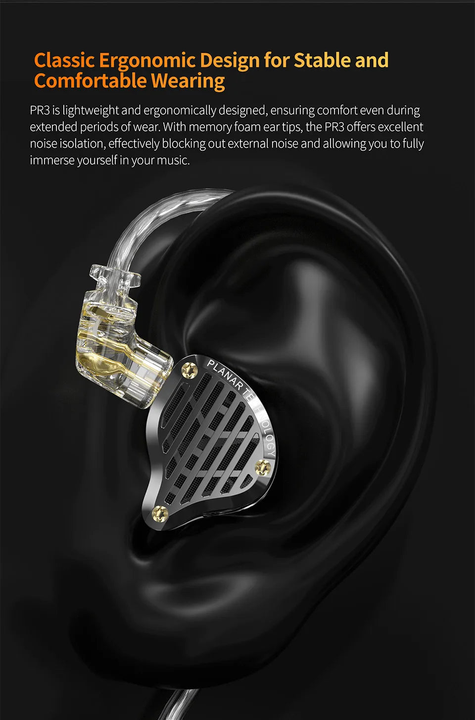 KZ PR3 In Ear 13.2MM Planar Driver Wired Earphones HiFi Bass Monitor Earbuds Sport Wired Headset