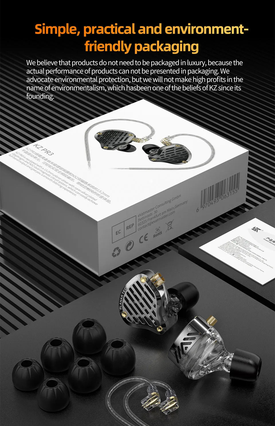KZ PR3 In Ear 13.2MM Planar Driver Wired Earphones HiFi Bass Monitor Earbuds Sport Wired Headset