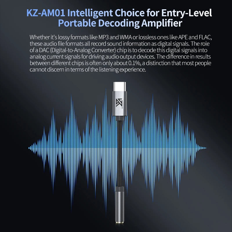 KZ AM01 Type-C audio adapter for 3.5 mm 32-bit/384 kHz Hi-Fi DAC + amplifier IC dual-chip headphone audio cable