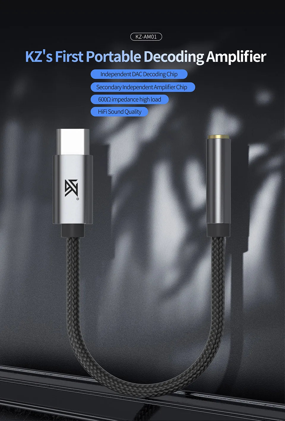 KZ AM01 Type-C audio adapter for 3.5 mm 32-bit/384 kHz Hi-Fi DAC + amplifier IC dual-chip headphone audio cable