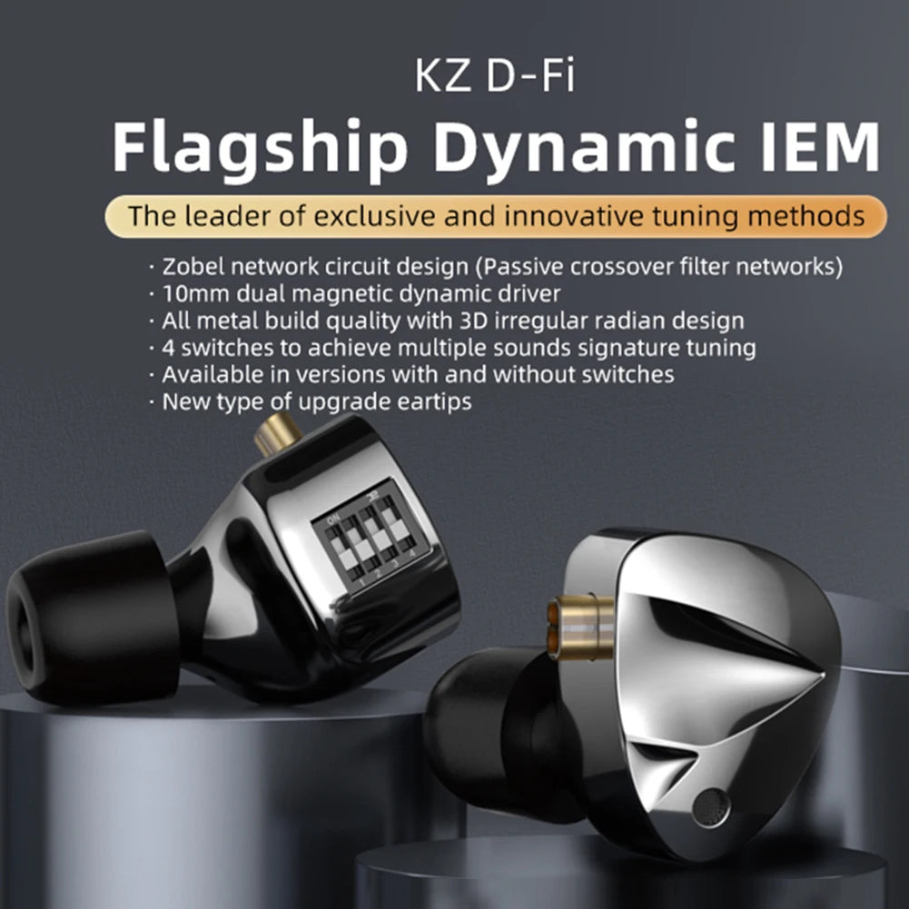 KZ D-Fi Wired Headphones 4-Level CustomizableTuning Switch HiFi Bass Earphone Dynamic In-Ear Monitor Earbuds 3D Stereo Headset