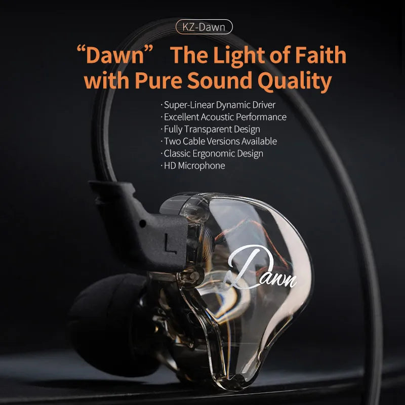 KZ Dawn 10mm Large-Diameter Dynamic Driver Unit In-ear Earphones Hifi Monitor Sound Quality Earbud Silver-plated/OFC Flat Cable