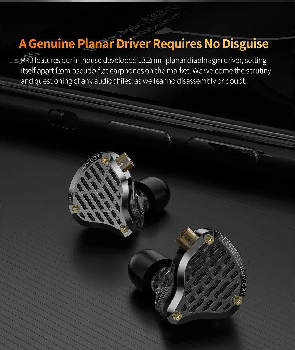 KZ PR3 In Ear 13.2MM Planar Driver Wired Earphones HiFi Bass Monitor Earbuds Sport Wired Headset