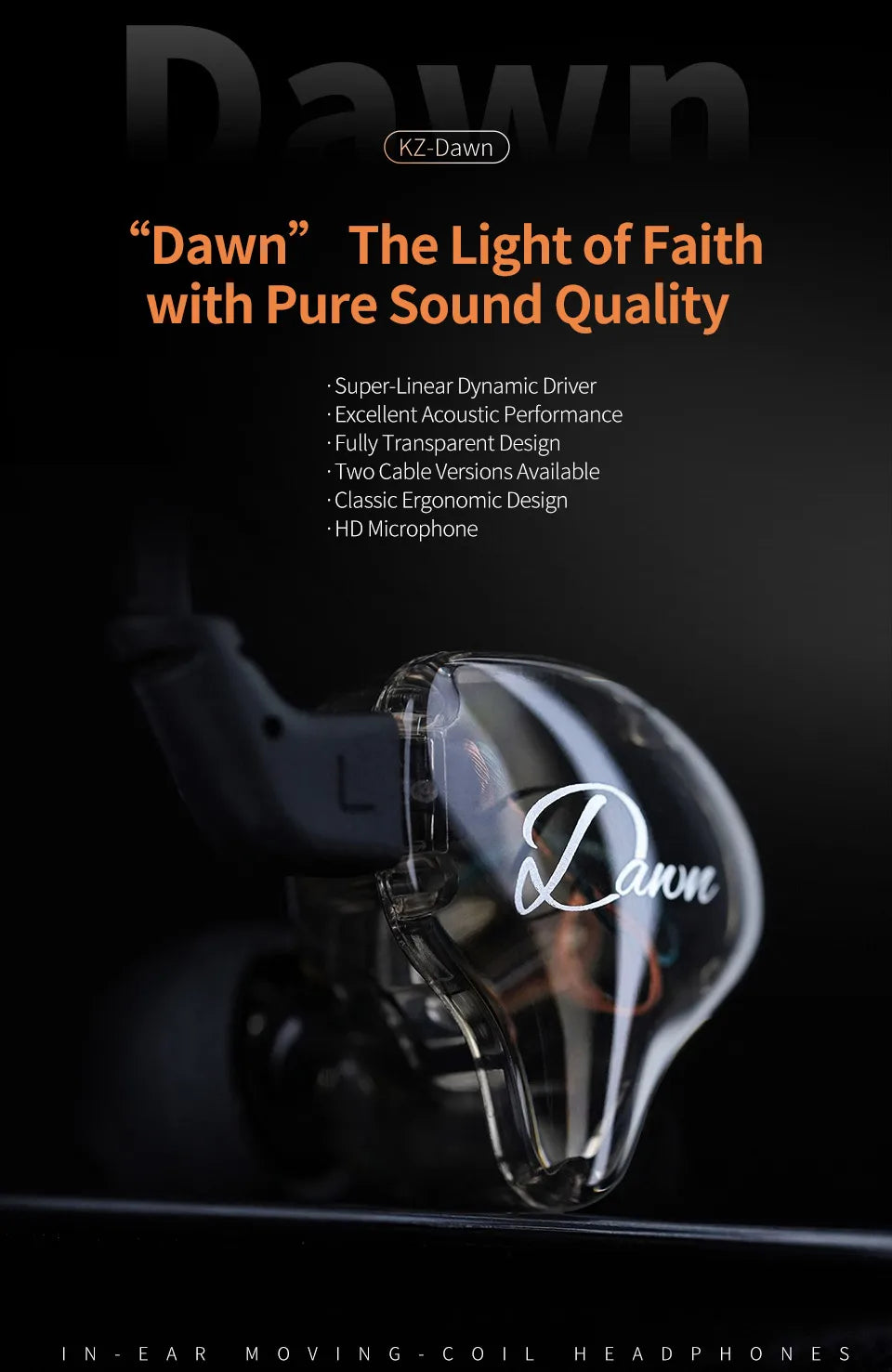 KZ Dawn 10mm Large-Diameter Dynamic Driver Unit In-ear Earphones Hifi Monitor Sound Quality Earbud Silver-plated/OFC Flat Cable