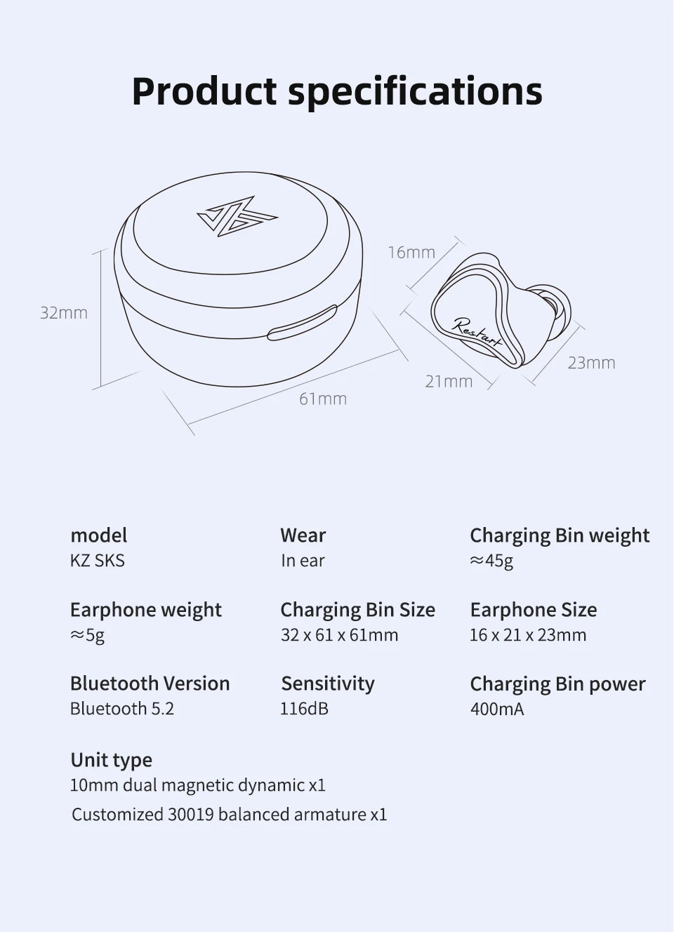 KZ SKS 1DD 1BA Hybrid Earphones  TWS Bluetooth 5.2 Headphone Noise Touch Control Cancelling Sport Music Headsets KZ SA08PRO S2