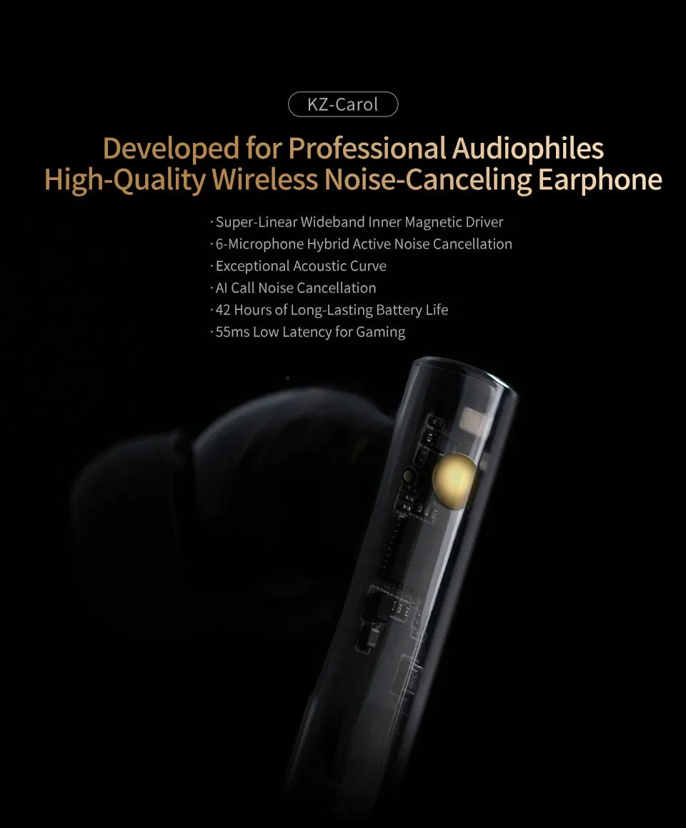 KZ Carol TWS - Bluetooth 5.3, 6 micrófonos, cancelación activa de ruido, sonido HiFi